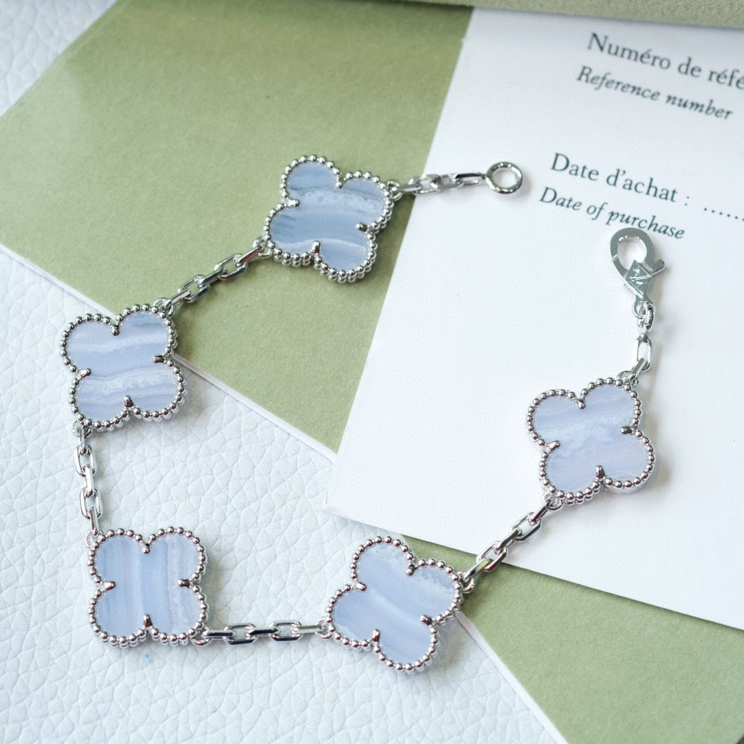 [BLUE TEARS]CLOVER  5 MOTIF PURPLE CHALCEDONY BRACELET SILVER