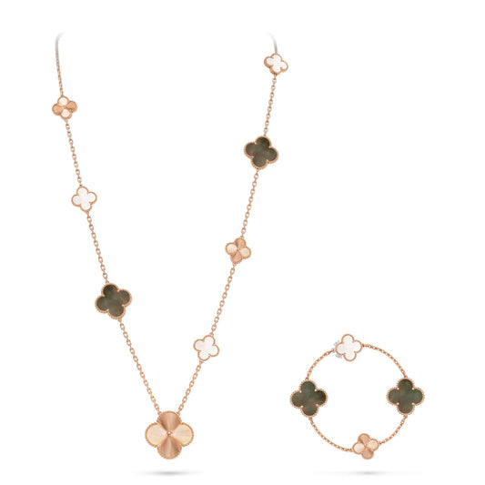 [Blue Tears]DETACHABLE CLOVER 15(11+4) FLOWER ROSE GOLD NECKLACE SET